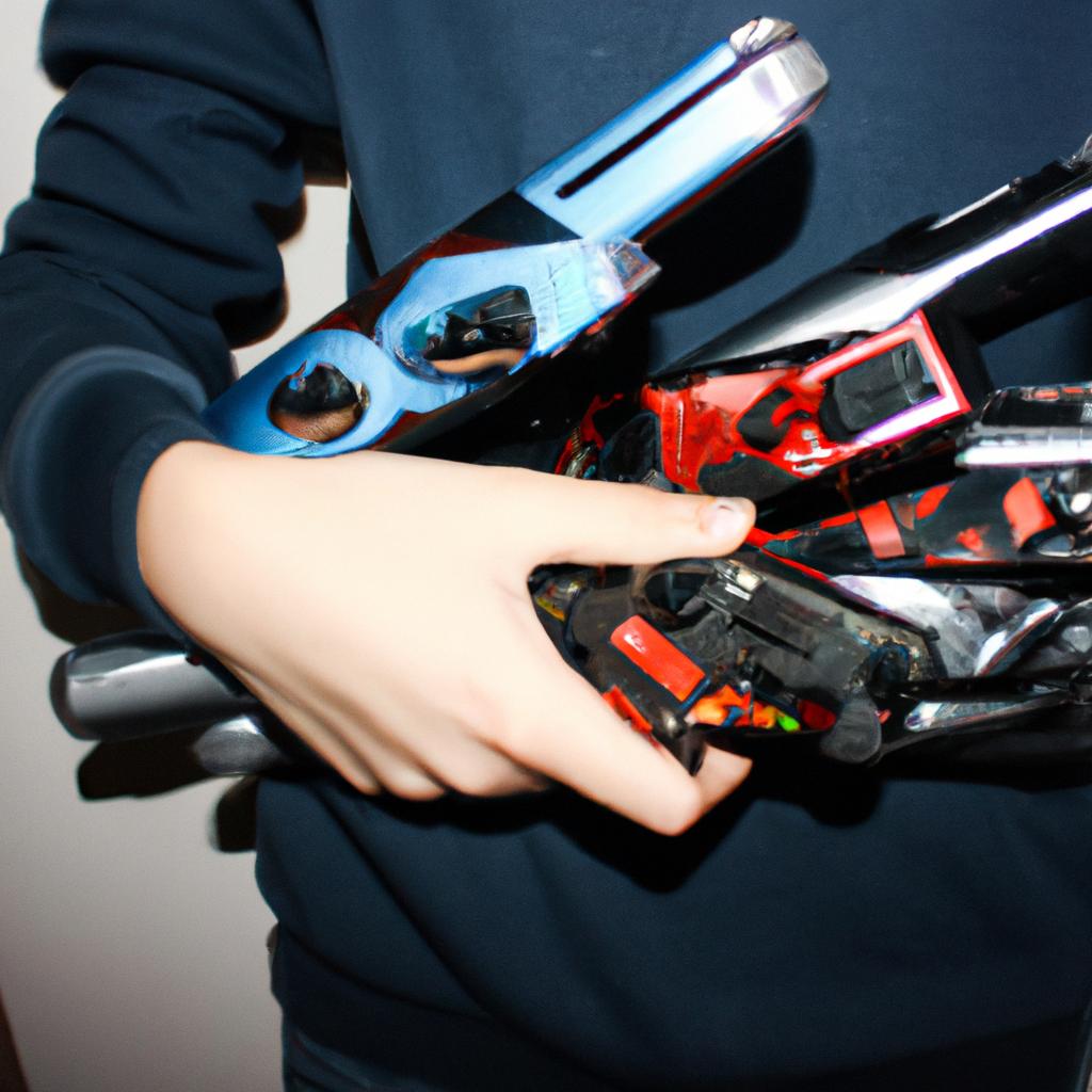 Person holding various video game weapons