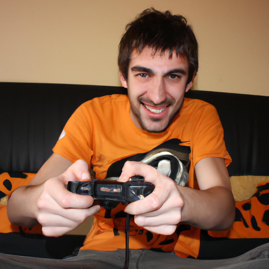 Person playing video game, smiling